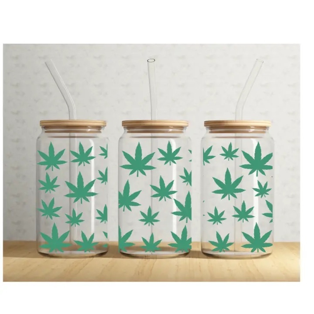 Leaf Print Glass Jars with Bamboo Lids